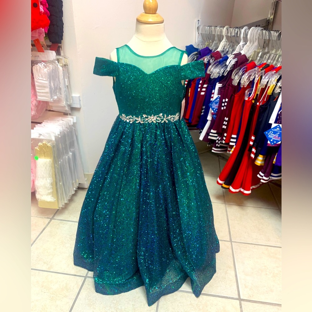 Size 4 Blue Green Glittery Off Shoulder Pageant Gown Special Occasion Dress NWT